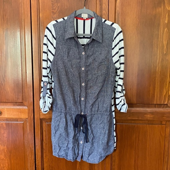 Anthropologie Postmark Striped Chambray Belted Shirt Dress Size Large - Picture 1 of 7